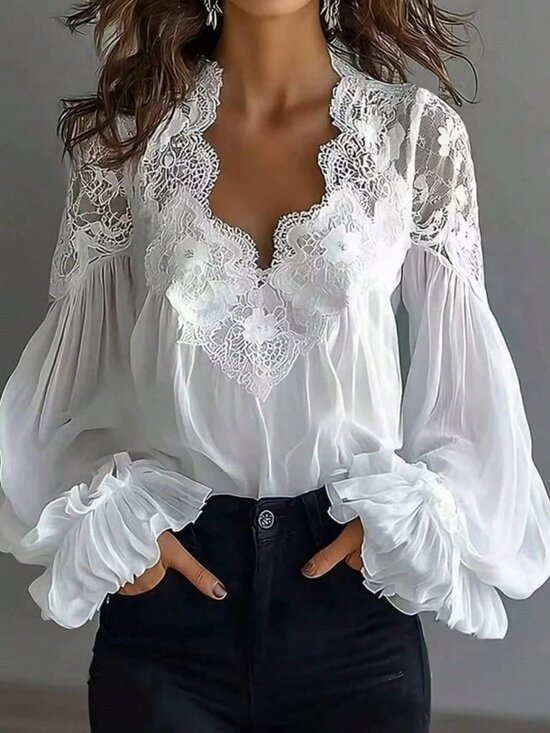 Tops - White Casual Women's Lace Trim V-Neck Chiffon Blouse